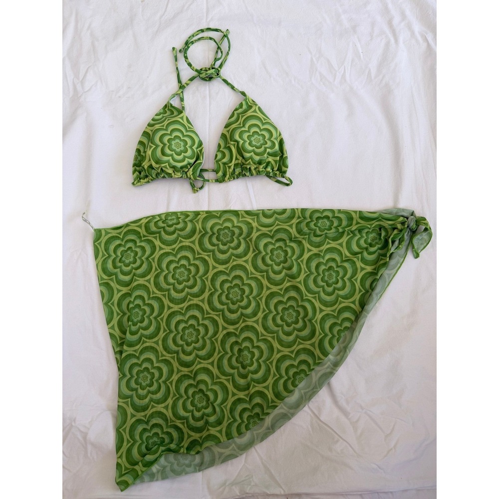 Green Retro Floral Bikini‎ Top and Sarong Wrap Skirt Set 2 Piece Swimsuit L